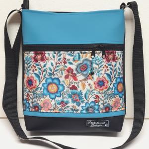 Női 26x30 crossbody váll és oldaltáska - Folk virágok Fekete-kék alapon