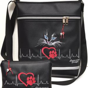 Szettben olcsóbb! Női 26x30 crossbody oldaltáska - Szívdobogás Hímzett EKG szív tappancs cica neszivel