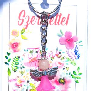Védelmező angyal kulcstartó kabala Rózsakvarc ásvánnyal ajándékcsomagolásban