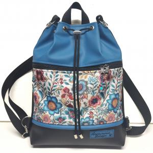 Zsinóros 3in1 hátizsák univerzális táska - Virágok kék fekete alapon