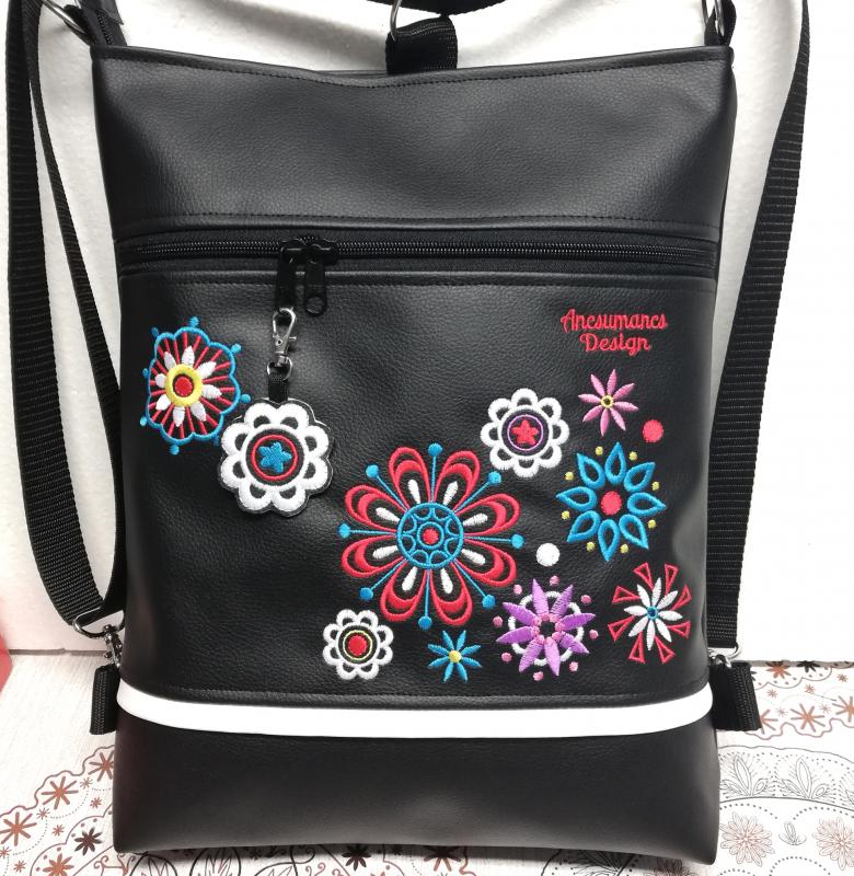 Virágmandalák feketén hímzett 3in1 hátizsák univerzális táska