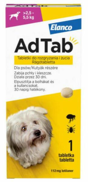AdTab rágótabletta kullancs és bolha ellen kutyának 2,5-5,5 kg (1db) 112mg