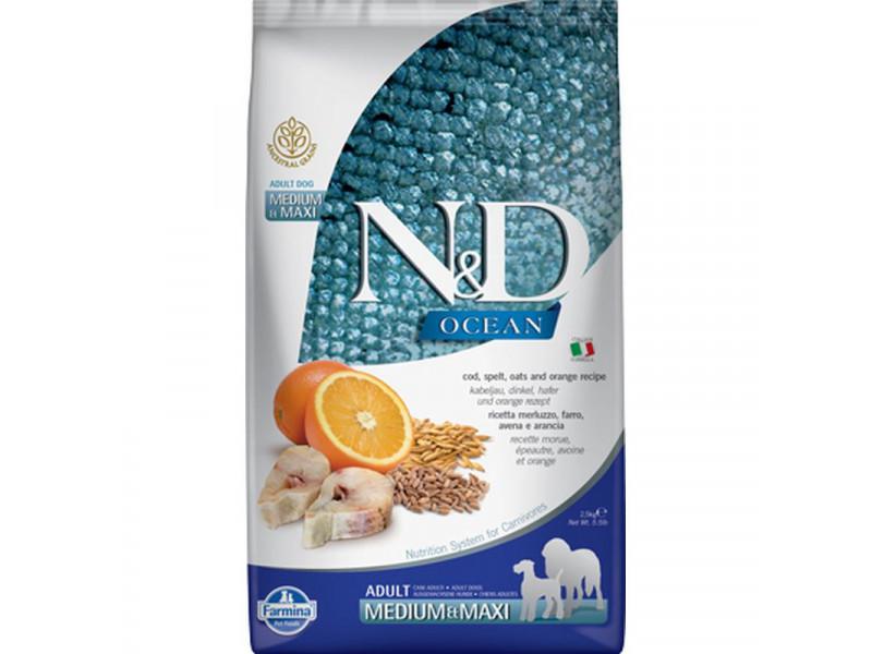 N&D Dog Ocean tőkehal, tönköly, zab&narancs; adult medium&maxi; 2,5kg