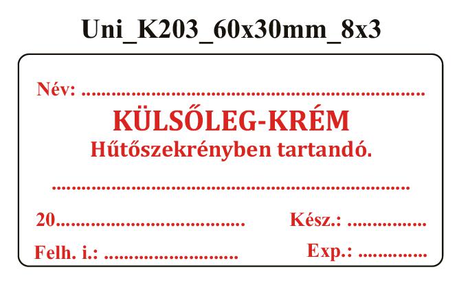 Uni K203 Külsőleg-Krém Hűtöszekrényben tartandó 60x30mm (24db/ ív)